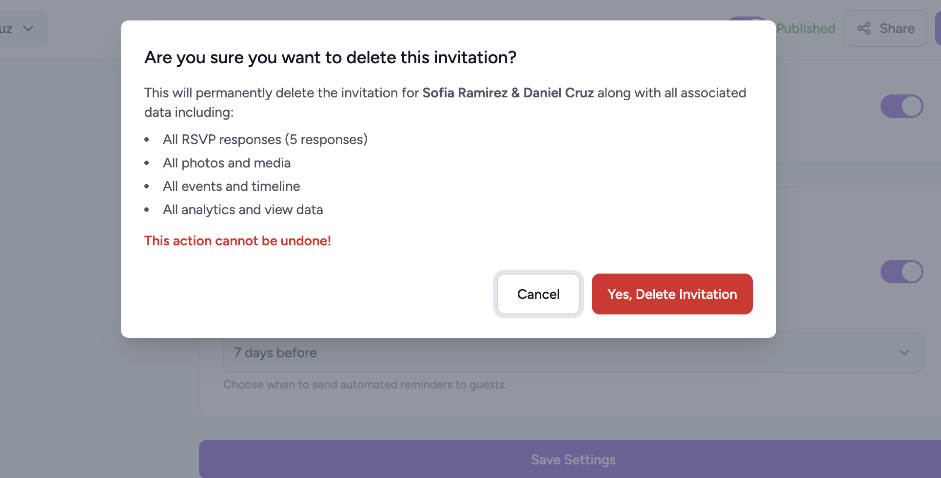Delete Invitation confirmation modal listing all data that will be permanently removed