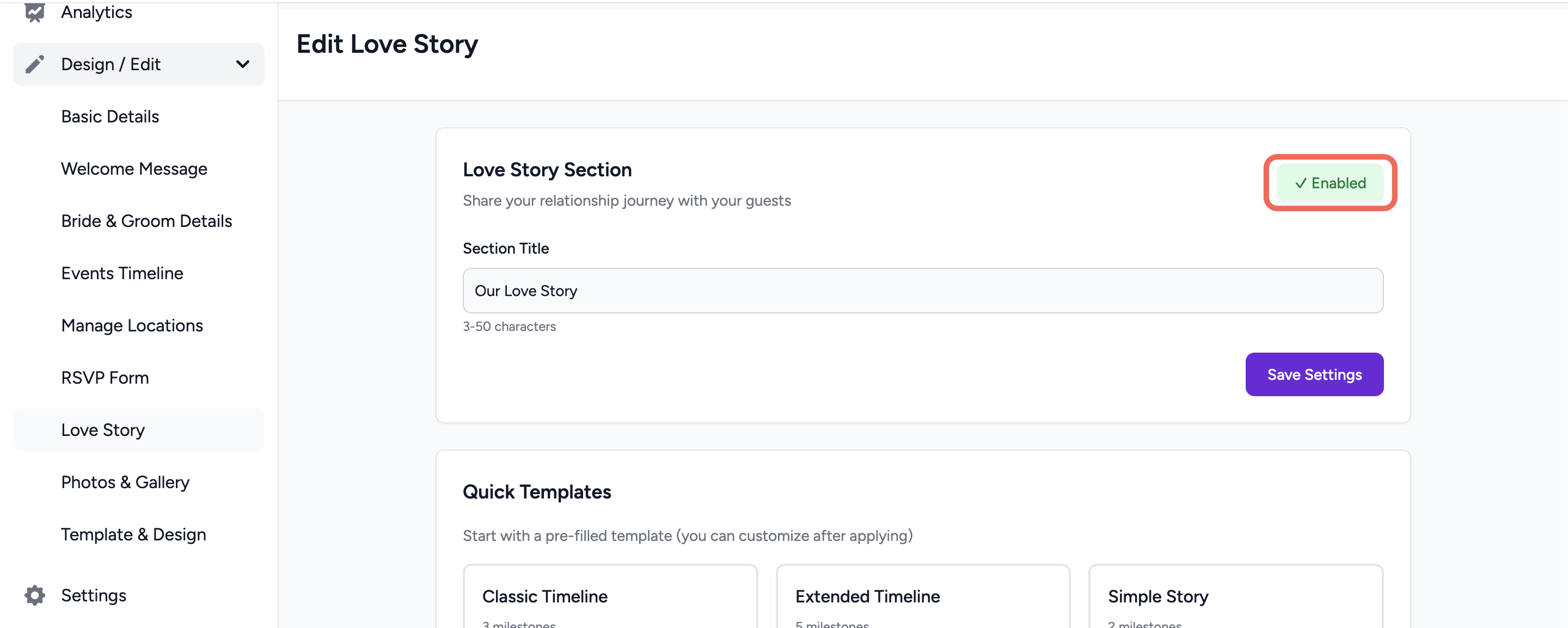 Love Story page showing the Enable section toggle (green) and Section Title input field