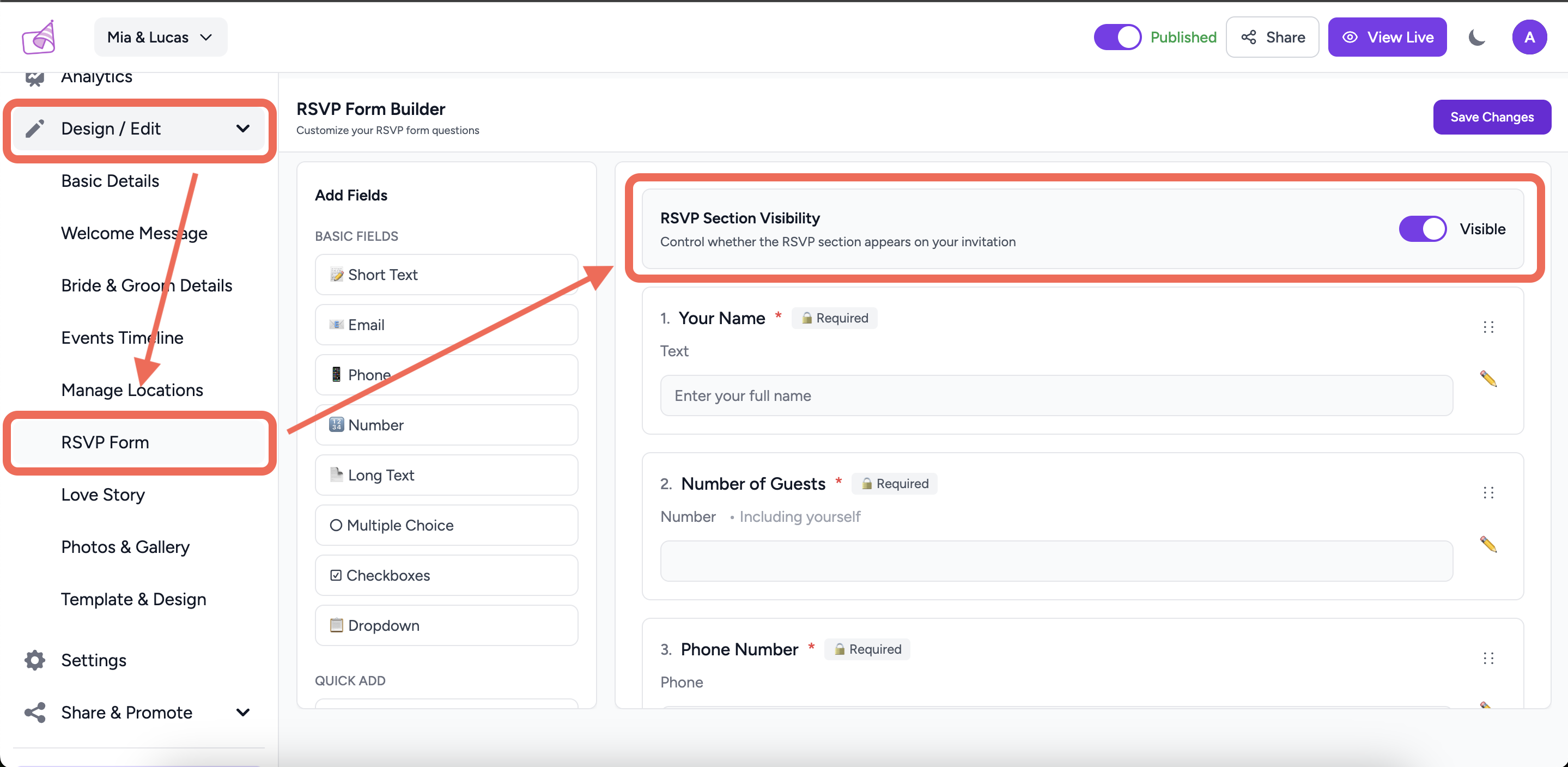 RSVP Section Visibility toggle showing Visible state